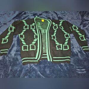 Daisy geometric green and black button up sweater womens sz L